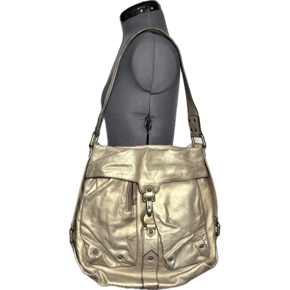 Vtg Y2K Gold Metallic Leather Slouchy Hobo Shoulder Bag Boho Studded STAINED‎